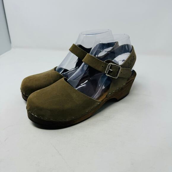 Lotta from Stockholm Green Leather Clogs Wooden Heels Adjustable Strap Size 37 - Picture 15 of 15